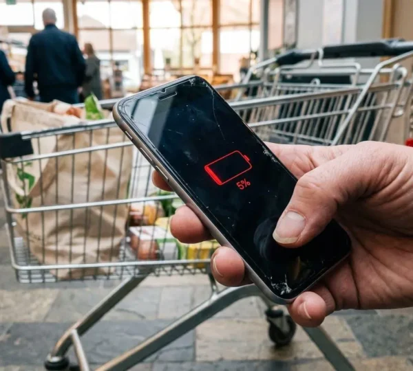 Main tenant un smartphone avec batterie faible devant un caddie flou.