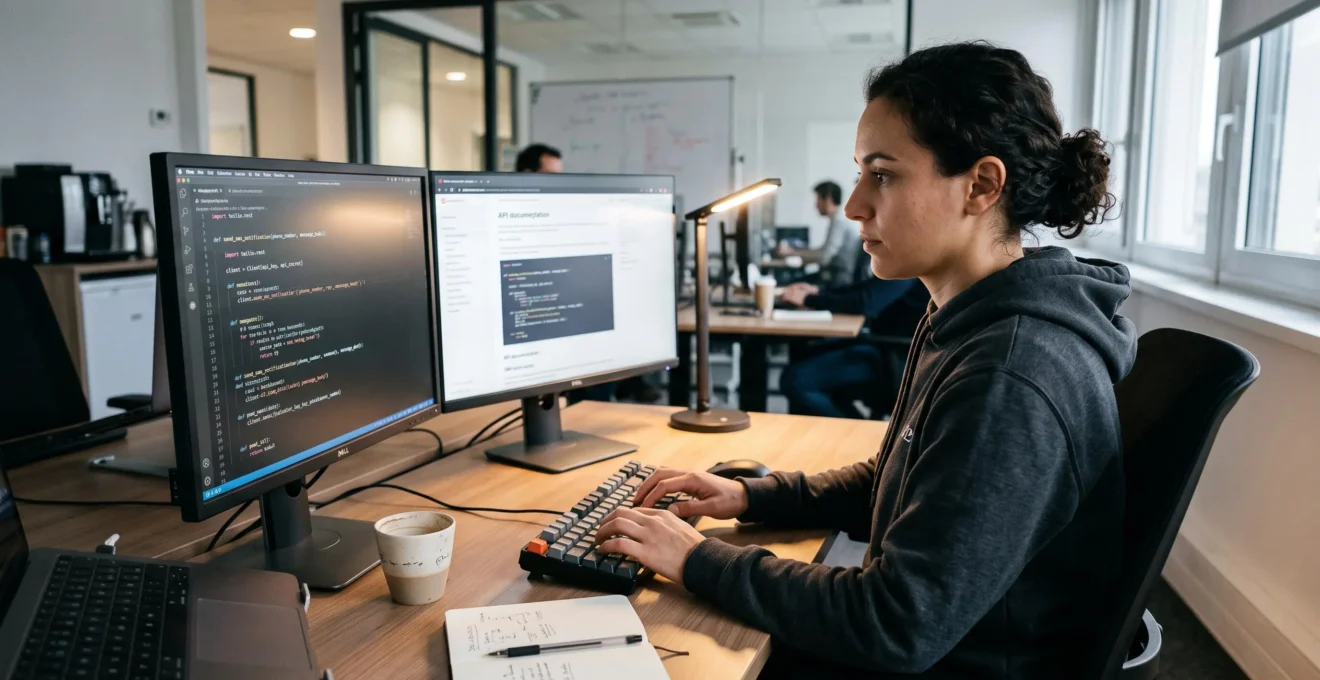 Développeur travaillant sur l'intégration d'une API SMS avec du code visible sur deux écrans