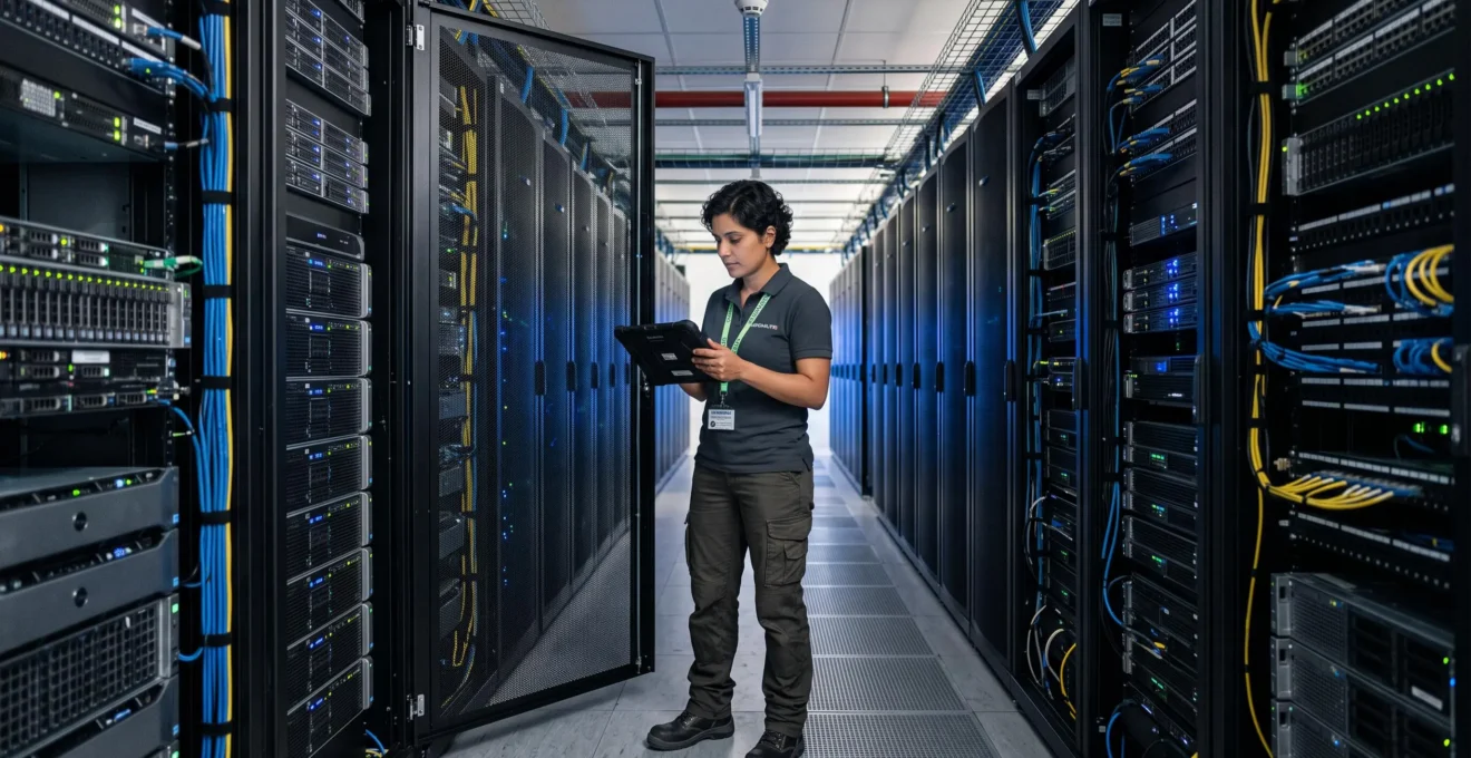 Ingénieur réseau inspectant des serveurs dans un data center avec équipements actifs et LED de statut visibles