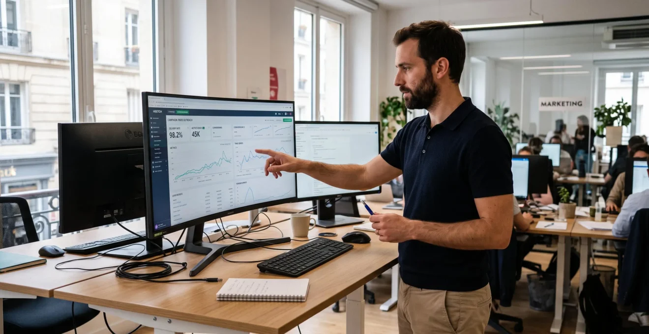 Professionnel marketing surveillant une campagne d'envois SMS massifs sur plusieurs écrans dans un bureau moderne